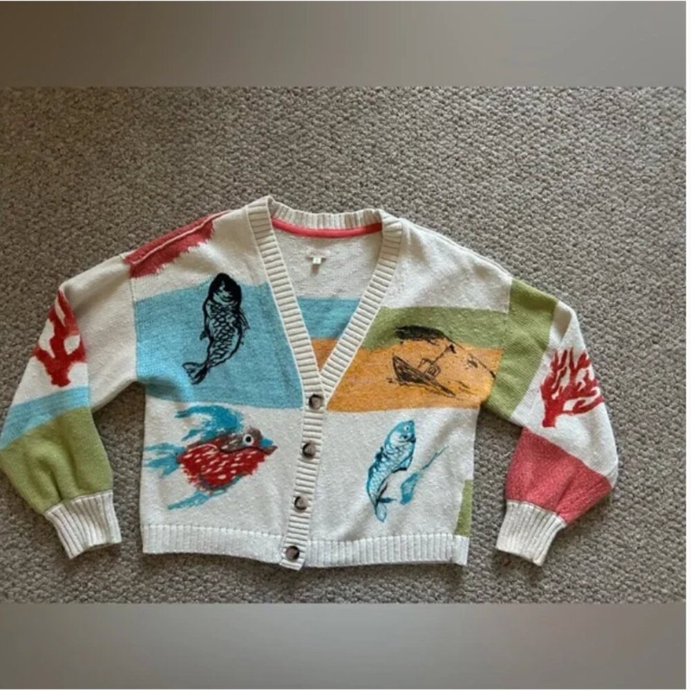 Anthropologie Pilcro Fish Graphic Knit Cardigan Sweater size M - Picture 7 of 8